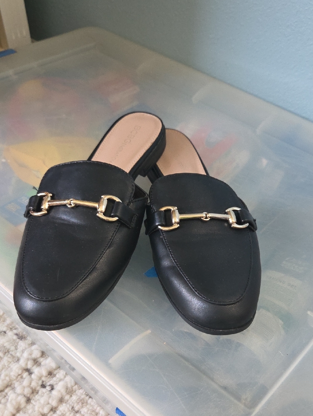 BCBGeneration Black Leather Slip-On Mules with Gold Hardware